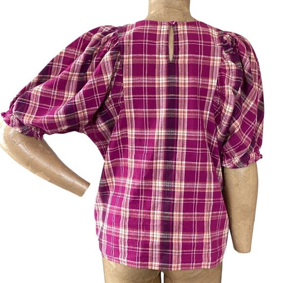 INC International Concepts Madison Plaid Puff-Sleeve Cotton-Linen Top Sz M 315K - Picture 6 of 9